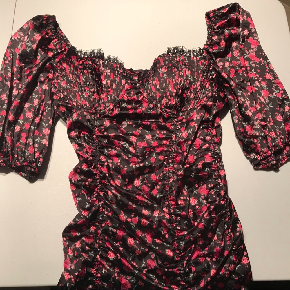 For Love And Lemons Black Mini Dress with Pink Floral Print - Picture 5 of 13
